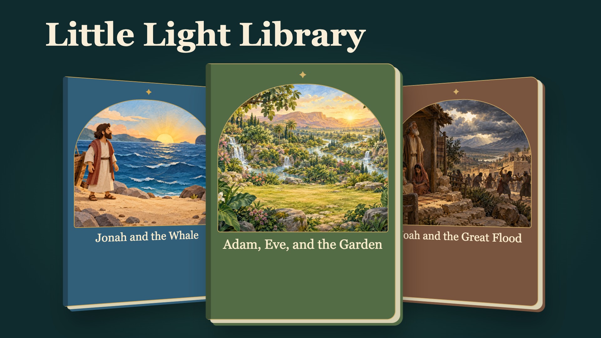 Little Light Library title and close-up illustrated Bible storybook covers