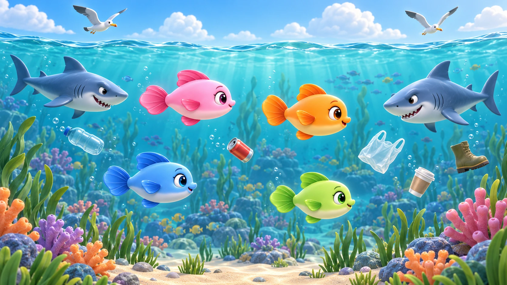 Reef Hop reference artwork with colourful fish, sharks and a clear turquoise reef