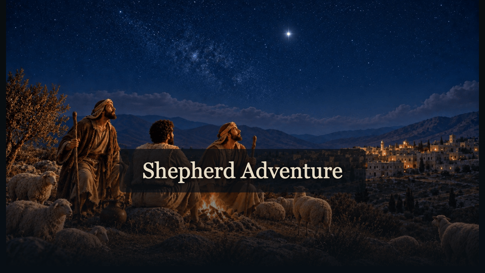 Shepherd Adventure title screen with shepherds outside Bethlehem