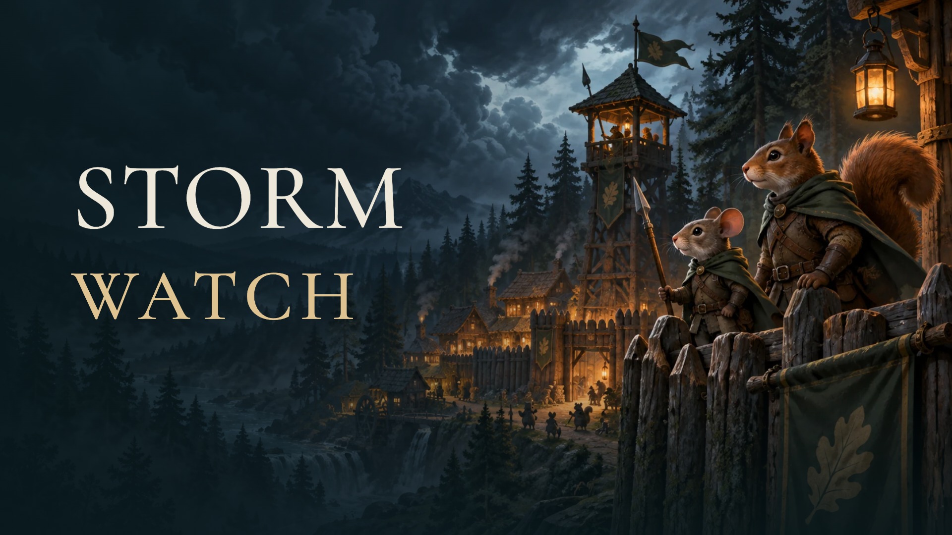 Stormwatch title over woodland defenders and their lantern-lit watchtower