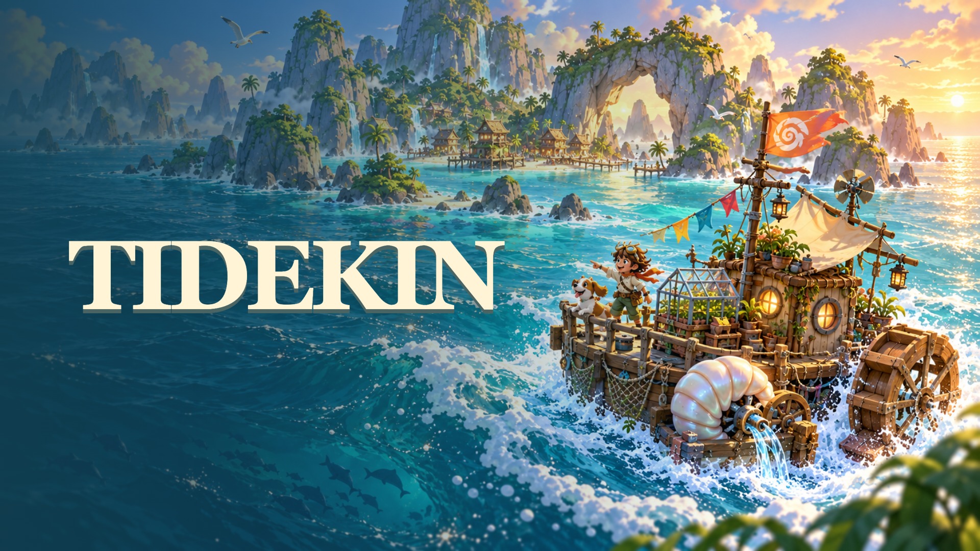 Tidekin title over its floating workshop and sunlit island lagoon